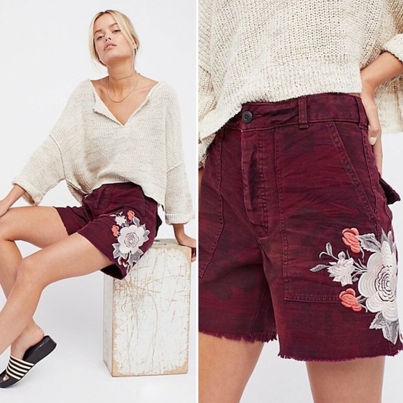 Free People Embroidered Scout Shorts Camo Floral - Picture 3 of 16